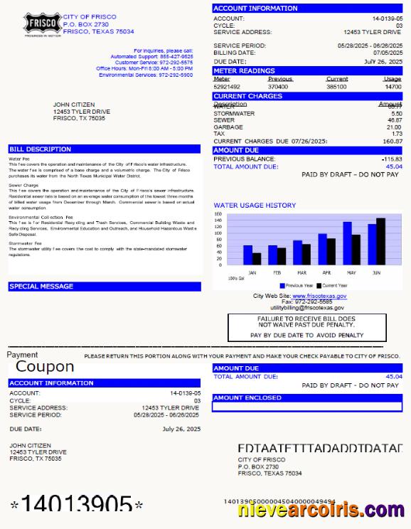 USA City of Frisco utility bill